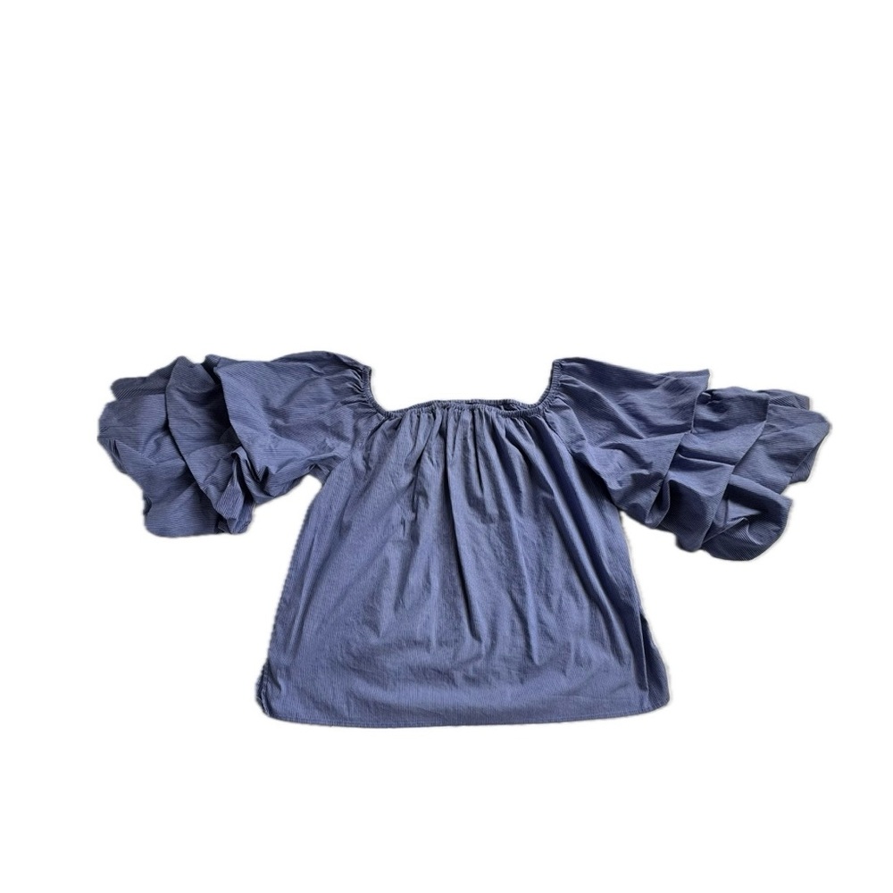 ZARA Off-The-Shoulder Puff Sleeve Blouse Women’s Large Blue & White Striped Top